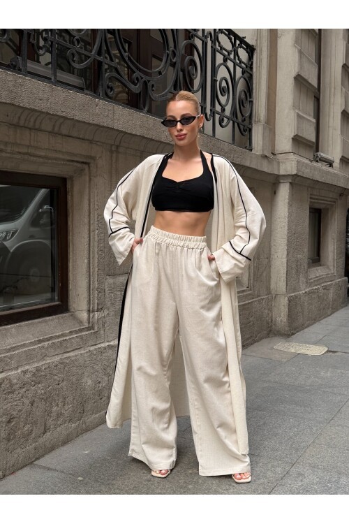 V282 Kimono Siyah Çizgi Detaylı Keten Takım