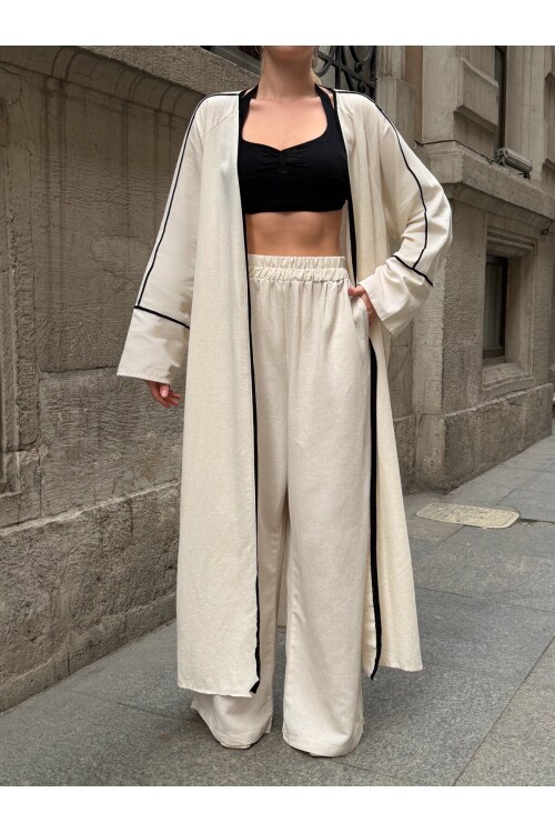 V282 Kimono Siyah Çizgi Detaylı Keten Takım