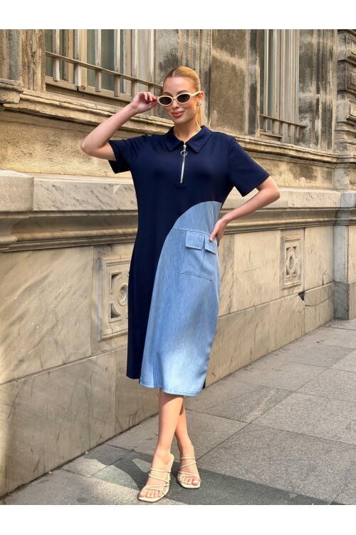 V291 Laci Fermuarlı Yarı Oysho Yarı Tensel Elbise