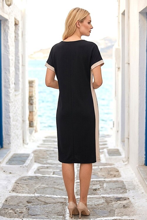 V294 Siyah Yanları Beyaz Şeritli Oysho Elbise