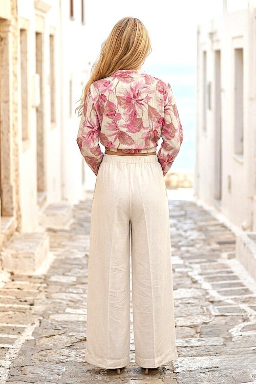 V312 Krem Renk Keten Pantolon