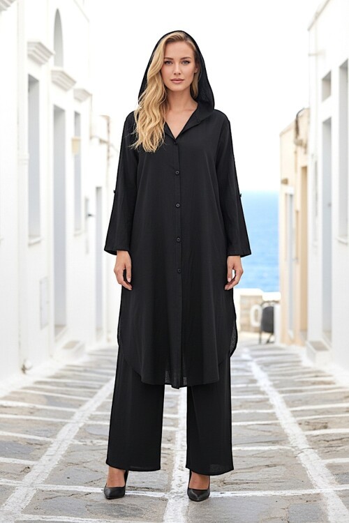 V407 Siyah Keten Gömlek Takım