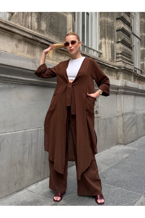 V413 Kahve Bağlamalı Kimono Keten Takım