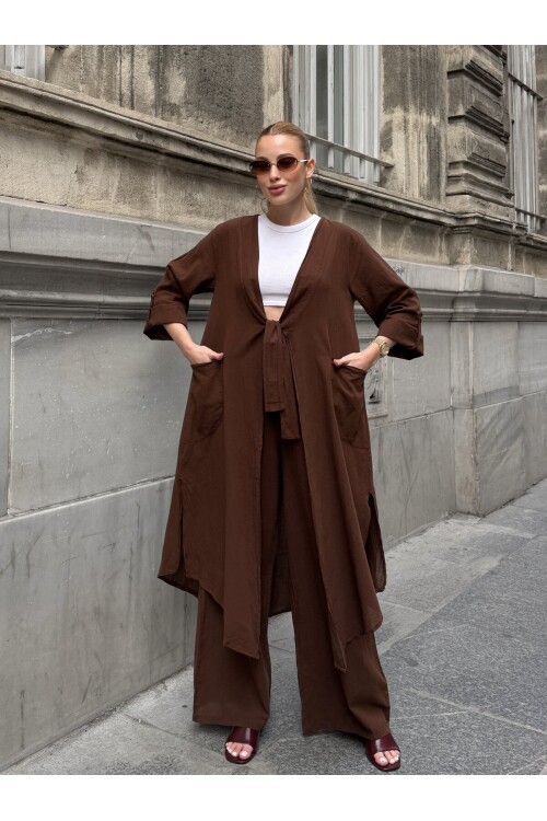 V413 Kahve Bağlamalı Kimono Keten Takım