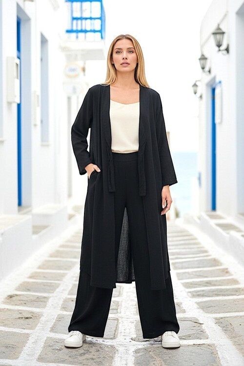V413 Siyah Bağlamalı Kimono Keten Takım