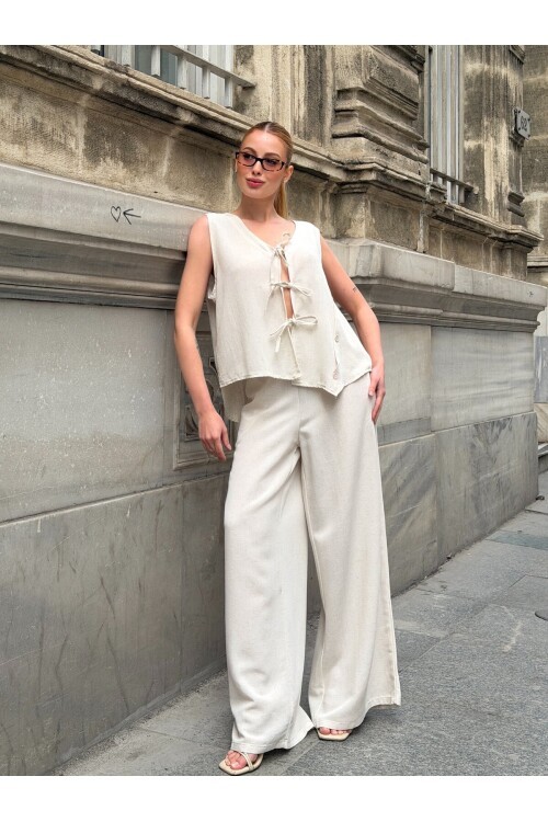 V415 Askılı İp Bağlamalı Yanı Düğme Detaylı Keten Takım