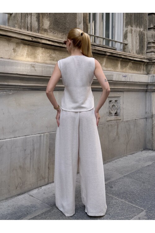 V416 Askılı Yanları Halat Detaylı Gömlek Keten Takım