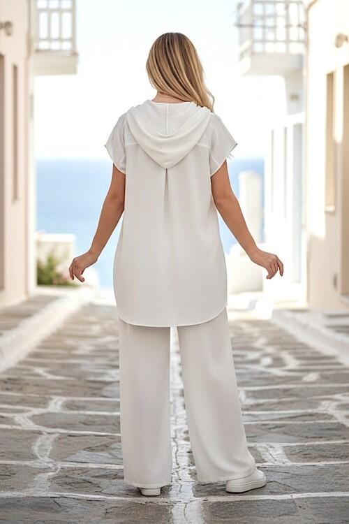 V417 Kapüşonlu Gömlek Keten Takım