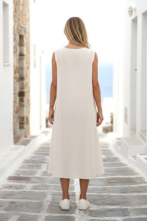V420 Askılı Boyundan Halat Detaylı Keten Elbise