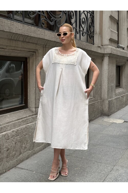 V422 Dantel Detaylı Ay Kol Keten Elbise