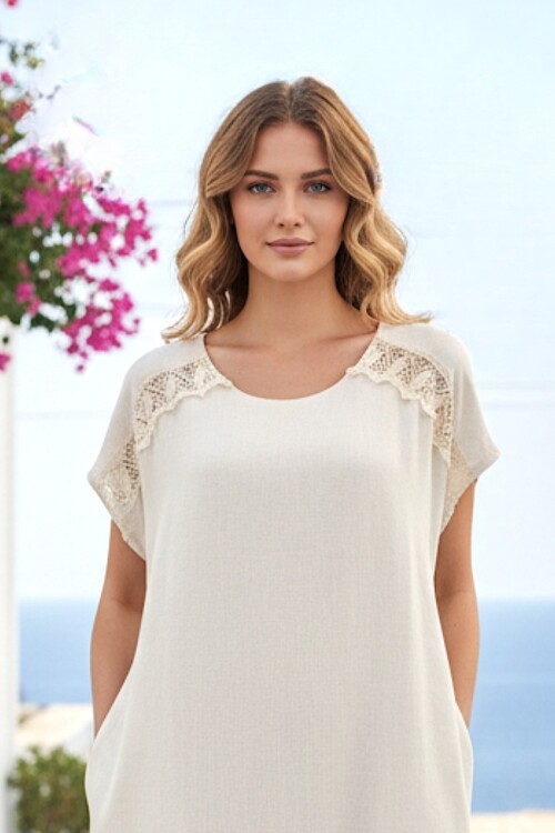 V423 Omuz Dantel Detaylı Eteği Fırfırlı Keten Elbise