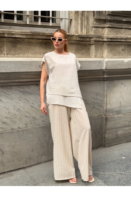 V426 Siyah Çizgili Keten Takım