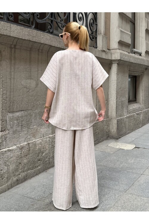 v427 Siyah Çizgili Yandan Düğmeli Keten Takım