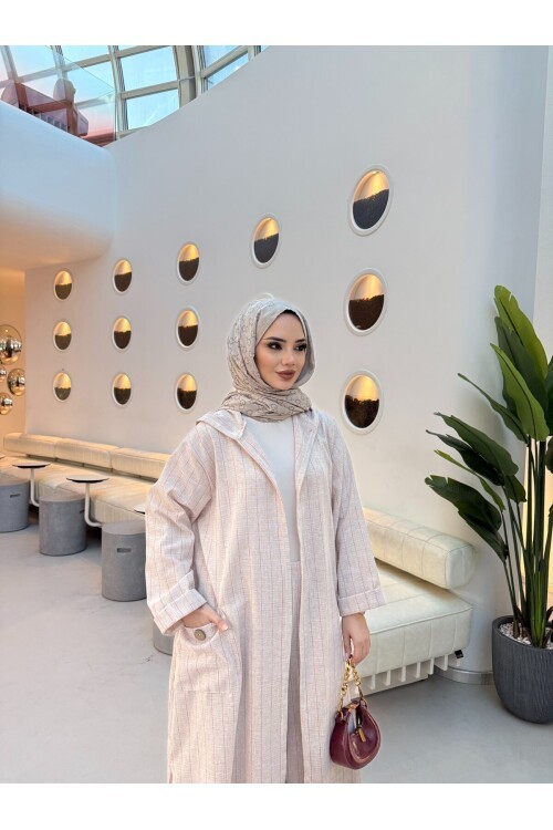 V428 Pembe Çizgili Kapuşonlu Keten Takım