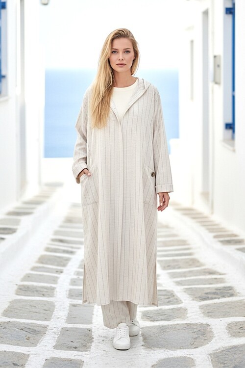 V428 Siyah Çizgili Kapüşonlu Uzun Keten Takım