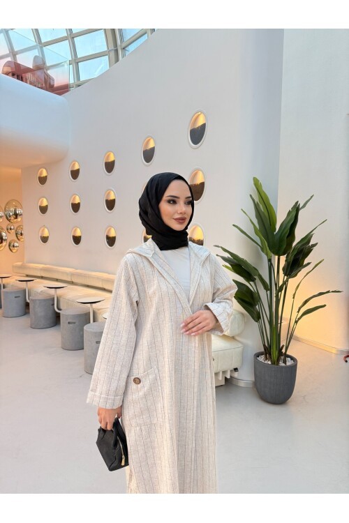 V428 Siyah Çizgili Kapüşonlu Uzun Keten Takım