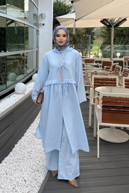 V430 Mavi Önden Bağlamalı Keten Takım