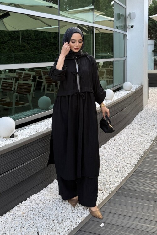 V430 Siyah Önden Bağlamalı Keten Takım