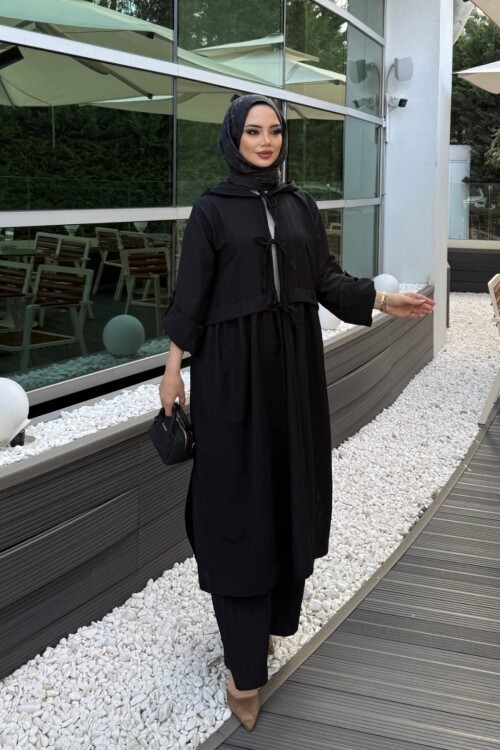 V430 Siyah Önden Bağlamalı Keten Takım