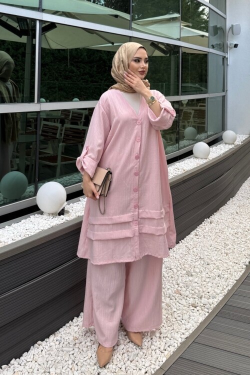 V436 Pembe Keten Gömlek Takım