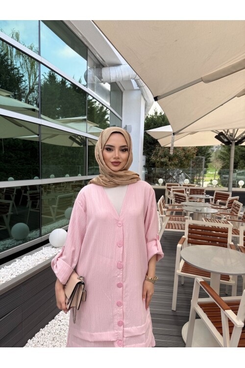 V436 Pembe Keten Gömlek Takım