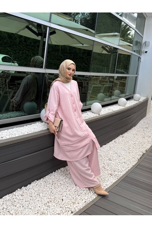 V436 Pembe Keten Gömlek Takım