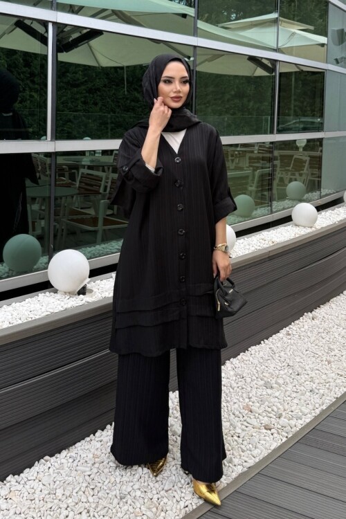 V436 Siyah Keten Gömlek Takım