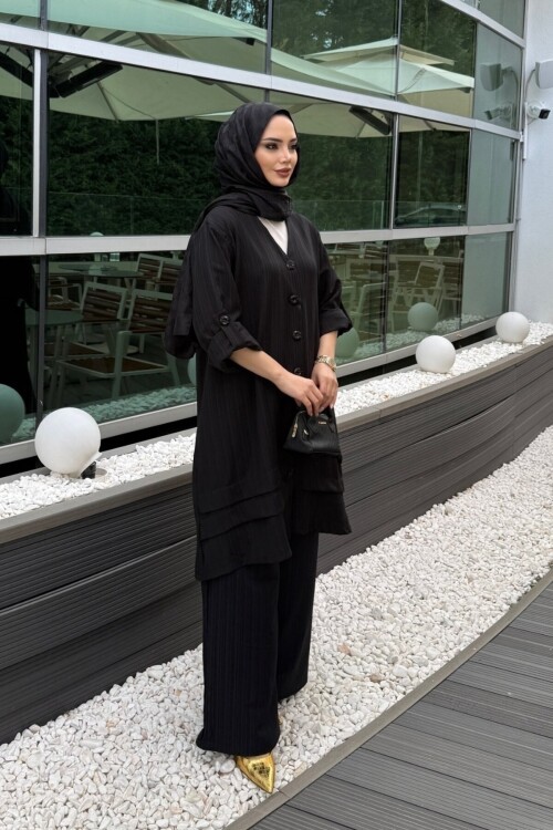 V436 Siyah Keten Gömlek Takım