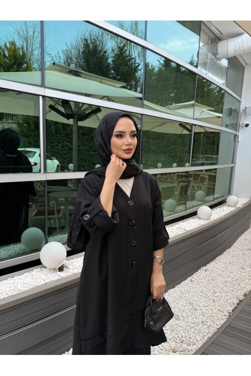 V436 Siyah Keten Gömlek Takım