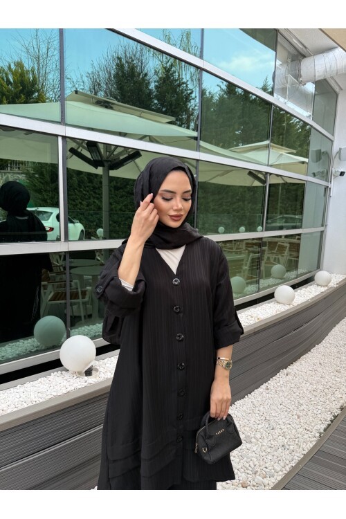 V436 Siyah Keten Gömlek Takım