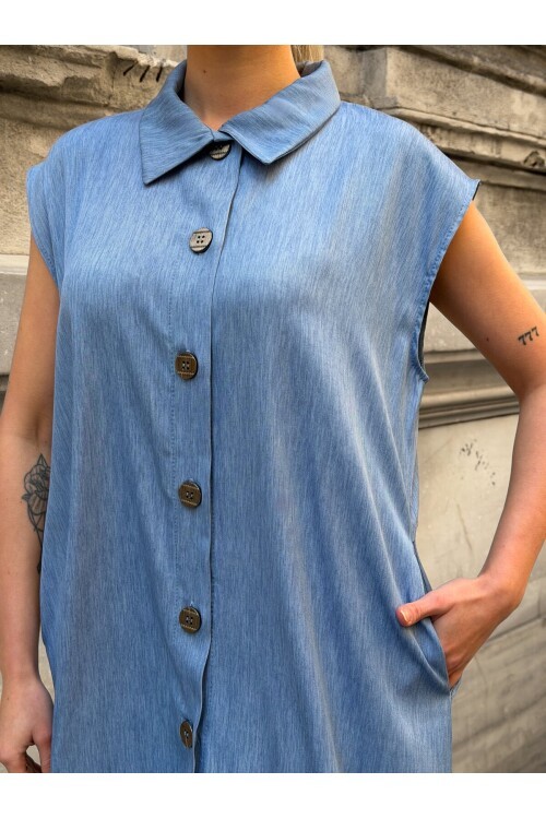 V443 Mavi Düğmeli Tensel Elbise