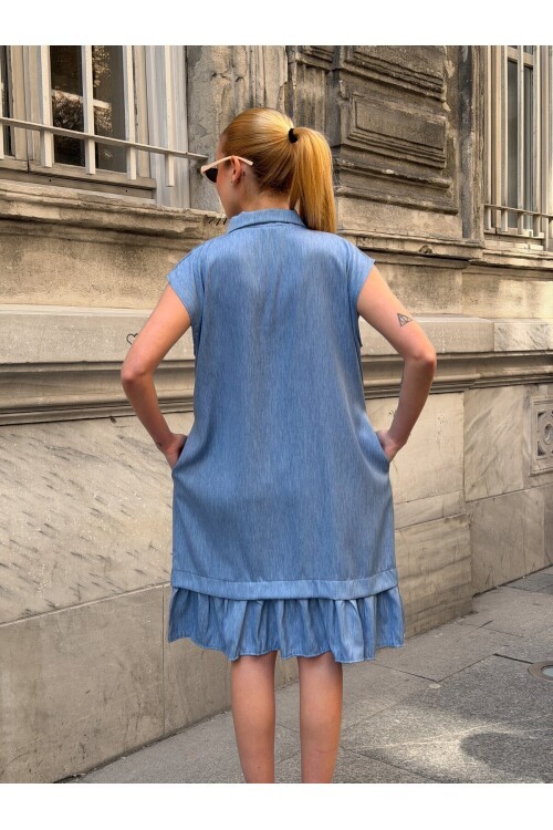 V443 Mavi Düğmeli Tensel Elbise