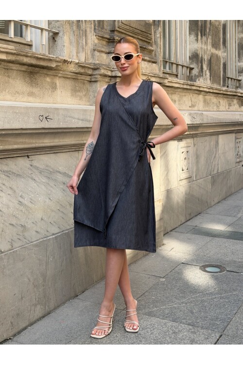 V445 Siyah Sıfır Kol Yandan Bağlamalı Tensel Elbise