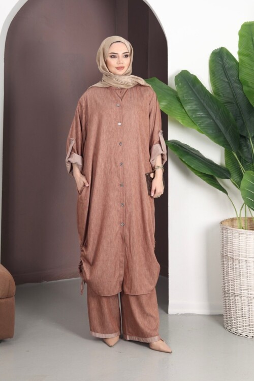 V446 Kahverengi Tensel Gömlek Takım