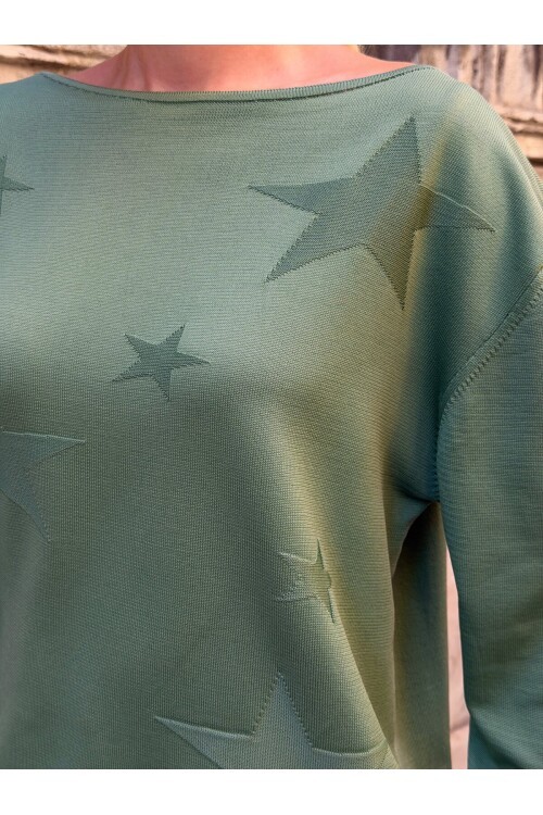 T3301 Çağla Yeşili Yıldız Desenli Kazak