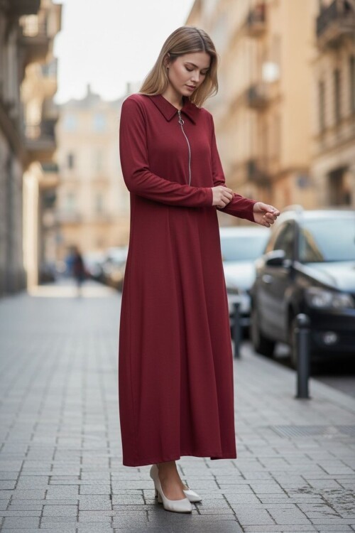 V235 Bordo Fermuarlı Uzun Kol Elbise