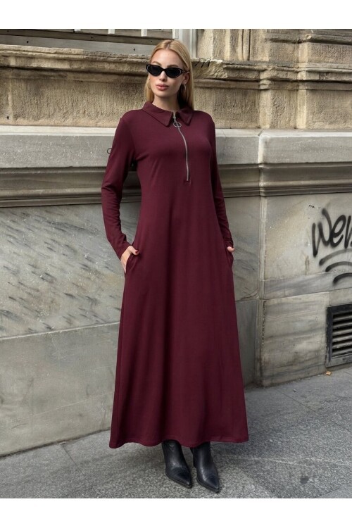 V235 Bordo Fermuarlı Uzun Kol Elbise