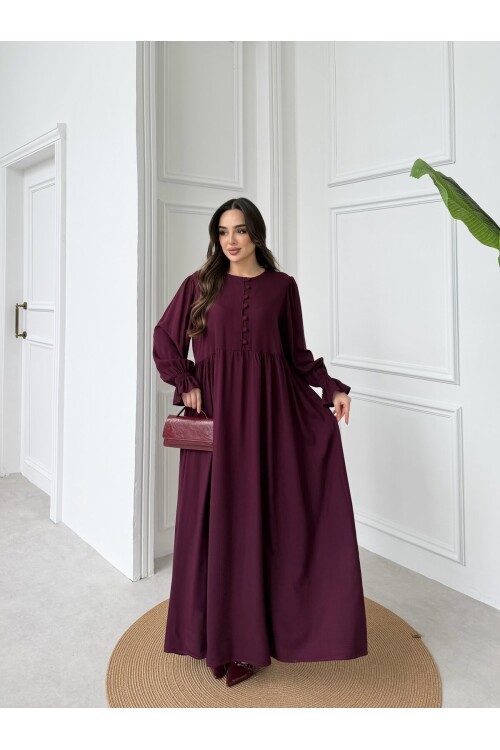 V279 Bordo Yakadan Göğüse Kadar Boncuk Düğme Detaylı Tesettür Elbise