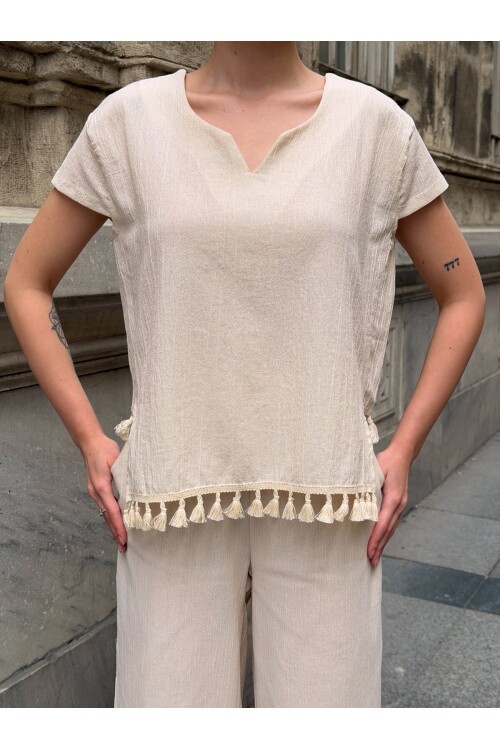 V418 Yarım Kol Altı Püsküllü Keten Takım