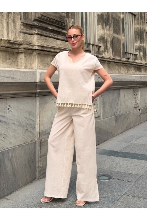 V418 Yarım Kol Altı Püsküllü Keten Takım