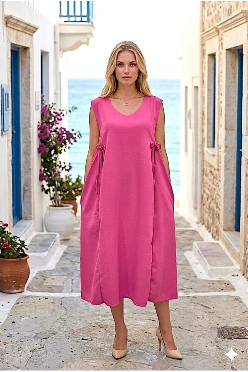 V458 Pembe Bağcıklı Keten Elbise