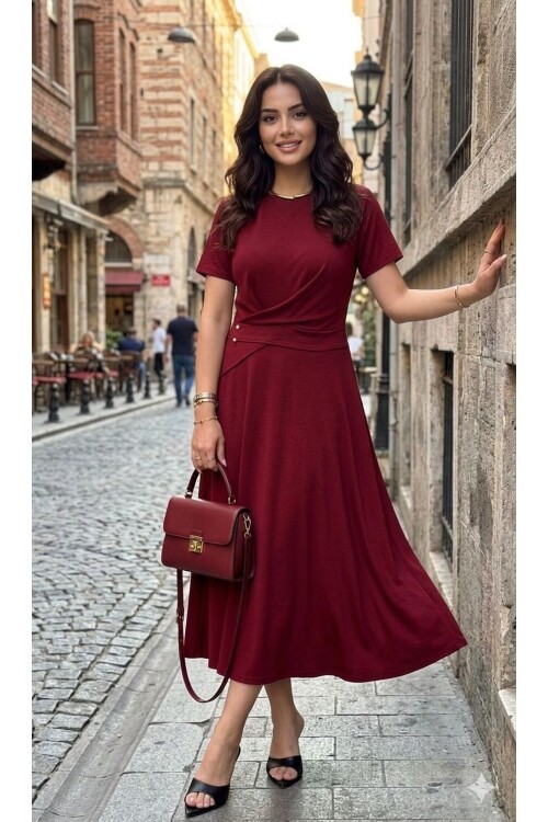 V504 Bordo Kendiliğinden Kemerli Uzun Boy Oysho Elbise