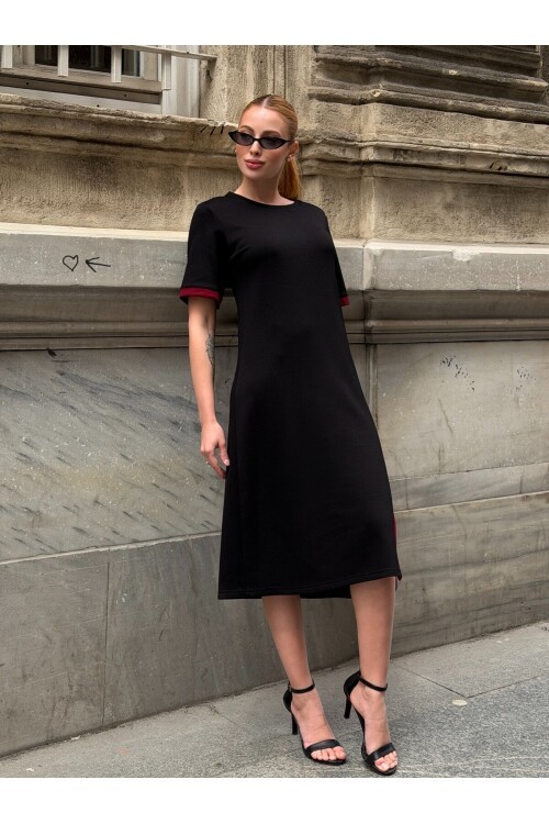 V508 Siyah Kırmızı Şeritli Yırtmaç Detaylı Oysho Elbise