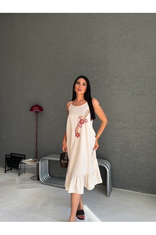 V523 Nakışlı Keten Elbise