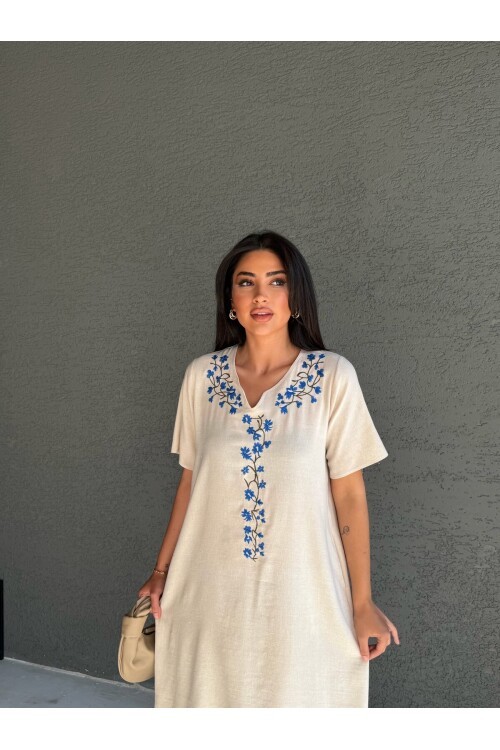 V524 Mavi Nakışlı Keten Elbise