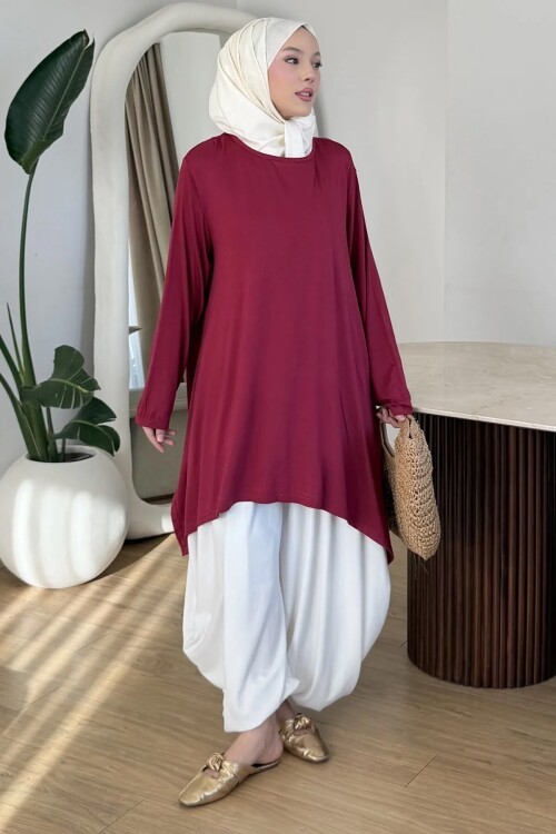 V526 Bordo Chella Yırtmaç Detaylı Penye Elbise