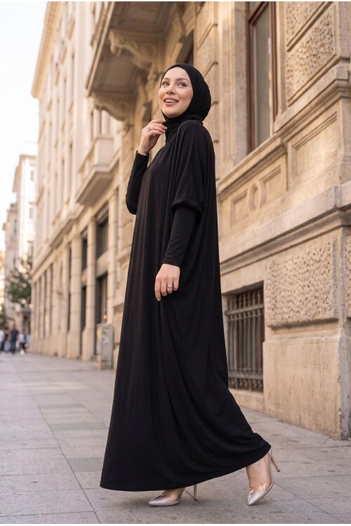 V557 Siyah Namazlık Tessettür Elbise