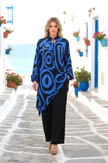 1017 Siyah Saks Mavi Desenli Hakim Yaka Viskon Takım
