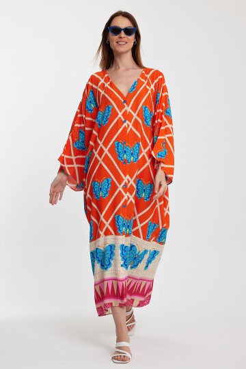 1032 Kadın Desenli Düğmeli Büyük Beden Otanik Gömlek Elbise