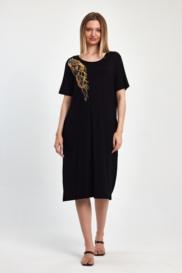 1048 Siyah Altın Nakışlı Cep Detaylı Penye Viskon Elbise